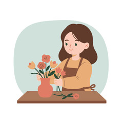 Handdrawn Cute Girl Arranging Flower Bouquet in Vase on Wooden Table