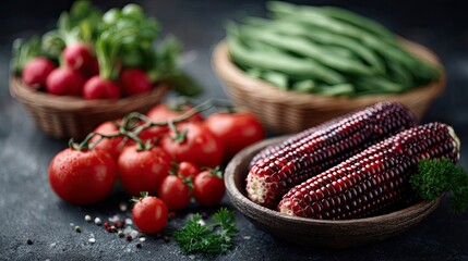 Vibrant Vegetable Assortment with Radishes Tomatoes Green Beans and Purple Corn in Rustic Bowls on Dark Surface