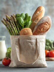Shopping bag filled with fresh bread and organic vegetables

