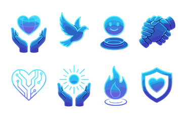 Futuristic Kindness Icons. Futuristic Kindness set icons in flat vector style. Holographic heart in hands, neon glowing dove, AI kindness orb, cybernetic clasped hands