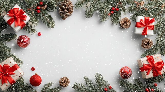 Christmas fir branches and gift boxes with red decorations sparkles confetti and bokeh on white background festive flat lay top view holiday frame for greeting cards banners and New Year designs - Powered by Adobe