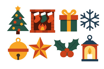 Fototapeta premium Geometric Christmas Icons. Classic Christmas Eve set of icons in geometric flat vector. Decorated Christmas tree, fireplace with stockings, wrapped gift box, snowflake, sleigh bell
