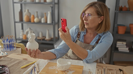 Woman examines ceramic vase while holding smartphone to photograph it in studio workspace; concentration.