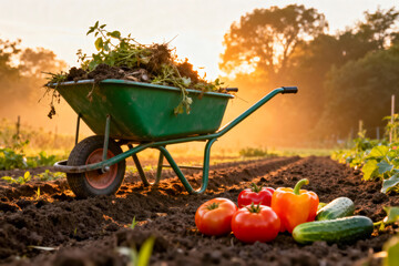 Green Garden Wheelbarrow Filled with Soil and Compost in a Tilled Field with Fresh Vegetables at Golden Hour
