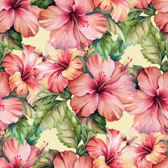 Vivid Hibiscus Flower Bloom Watercolor Vector Seamless Pattern