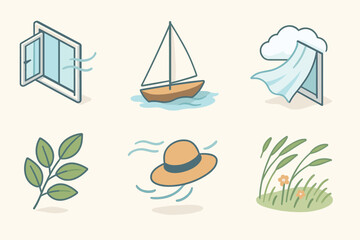 Fresh Breeze Icons. Fresh Breeze set icons in flat vector style open window, sailing boat, drifting cloud, fluttering curtain, leafy branch, blowing hat, calm horizon, swaying