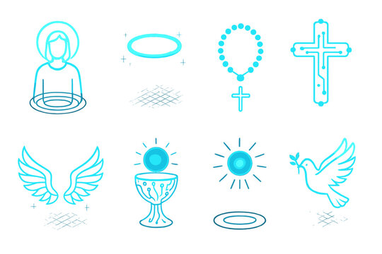 Futuristic Saints' Day Icons. Futuristic All Saints’ Day set icons in flat vector style. Holographic saint, neon glowing halo, cyber cross, digital rosary, AI angel wings