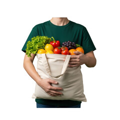 Person Holding Reusable EcoFriendly Tote Bag Full of Fresh Fruits and Vegetables