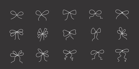 Hand drawn girly coquette bow ribbons set. Editable stroke line. Vector stock illustration isolated on black background for design template birthday, wedding, Christmas card, invitation, sale banner