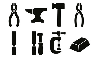 Obraz premium Bold Metalworking Icons. Metalworking Set set of icons silhouette. Pliers, anvil, hammer, tongs, file, chisel, clamp, metal ingot