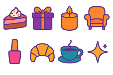 Indulgent Icon Collection. Treat yourself in modern flat. Fancy dessert, gift box with ribbon, scented candle, cozy chair, nail polish, pastry, cup of coffee, sparkling star.