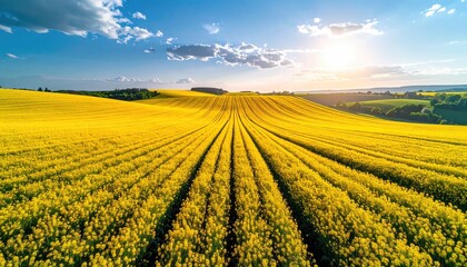 Vibrant Yellow Canola Field Under a Bright Blue Sky with Clouds and Sun Shining