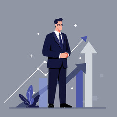 Fototapeta premium Flat Illustration of Confident Businessman Standing with Growth Chart and Arrows