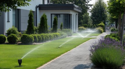 An automatic sprinkler system watering the green lawn and surrounding the home's garden and pathway. A sprinkler system provides hydration in the area