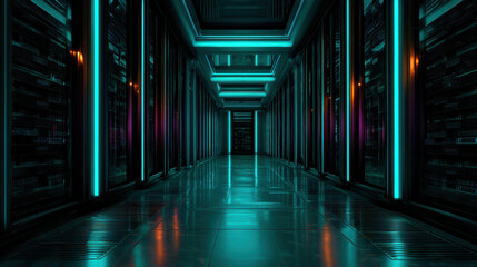 Futuristic data center features sleek server racks illuminated by vibrant blue and teal lights, creating high tech atmosphere. dna database system