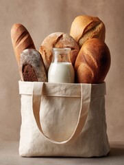 Fresh baked bread and milk in shopping bag