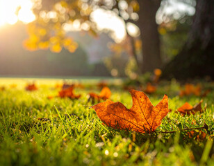 Autumn leaf on green grass sunlight