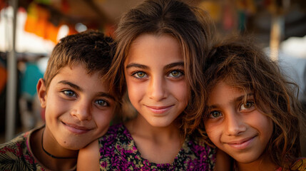 Fototapeta premium Three children smile together in vibrant setting, showcasing gratitude in hard times and joy of friendship