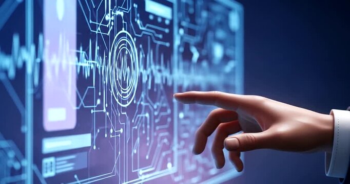 Futuristic hand interacting with a holographic interface displaying data (1) - Powered by Adobe