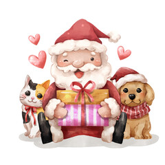 Watercolor cartoon illustration of Santa Claus holding multiple wrapped gift box with a tricolor cat and a golden retriever puppy wearing a tiny Santa hat and scarf . Hand drawn painting . Isolated .