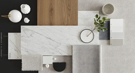 Architectural mood board with samples of materials and decorative elements