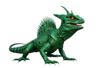 A detailed, vibrant green mythical lizard, angled, with sharp spines and glowing red eyes, stands out against a stark black backdrop.