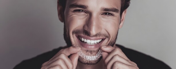 The man showcasing his clear aligners with a confident and radiant smile.