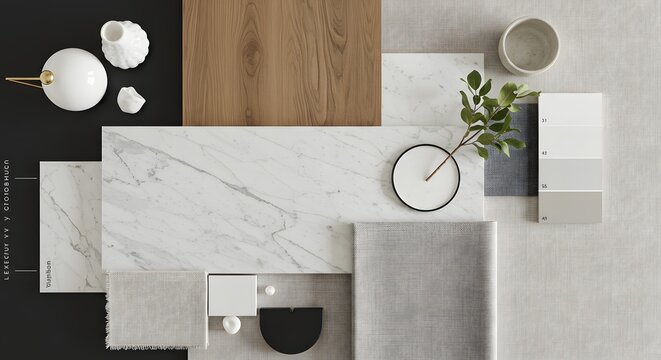 Architectural mood board with samples of materials and decorative elements