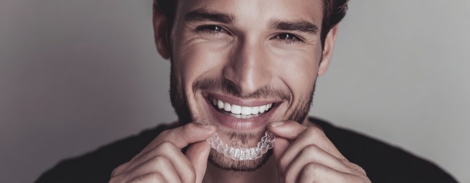 The man showcasing his clear aligners with a confident and radiant smile.