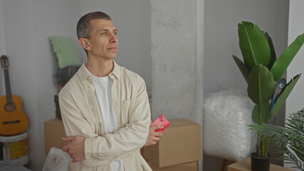 Man standing indoors in a new home living room with folded arms holding a phone surrounded by boxes...
