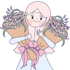 muslim girl holds flowers with smile, hijab girl is holding flowers.