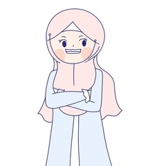 a muslim girl is crossing an arms over a chest with sarcastic face.