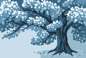 Winter background with snowy tree, forest and nature scene in blue tones. Vector illustration of cold season landscape with frost and snow