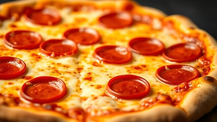 A mouthwatering pepperoni pizza with melted cheese, captured in warm golden tones.