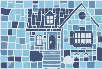 Stylized geometric mosaic illustration of a house in blue tones, symbolizing home, comfort, and architecture. Modern abstract building art