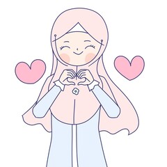 a muslim girl in hijab headscarf shows love sign with two pink hearts. a clipart hijab girl in hijab headscarf shows love sign with smile.