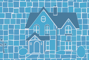 Stylized geometric mosaic illustration of a house in blue tones, symbolizing home, comfort, and architecture. Modern abstract building art