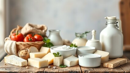 Fresh dairy products arranged on a rustic wooden table with a softly blurred pastel backdrop.