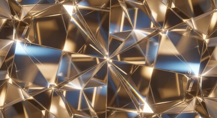 Fototapeta premium Shining prisms of light bend through layers of transparent geometry, creating a glowing field of blue and gold contrast in motion