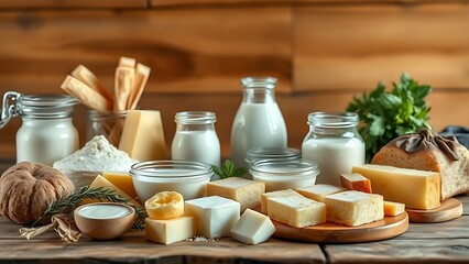 A rustic wooden table displaying a variety of fresh dairy products in soft natural light.