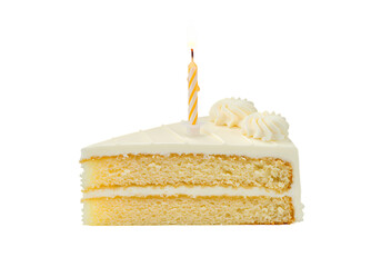 Single Slice of Vanilla Cake with Candle isolated on transparent background