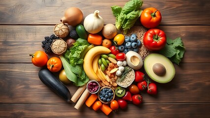 Assortment of fresh foods arranged in a heart shape on a rustic wooden surface, symbolizing health.