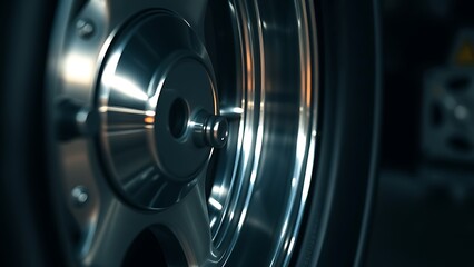 Polished metal wheel close-up with reflective surface, showcasing industrial precision.