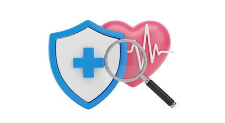 Fototapeta premium Isolated symbol for healthcare insurance analysis, magnifying glass, heart, blue shield