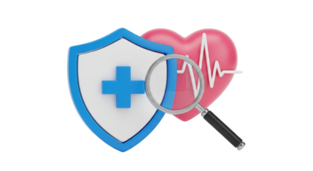 Isolated symbol for healthcare insurance analysis, magnifying glass, heart, blue shield