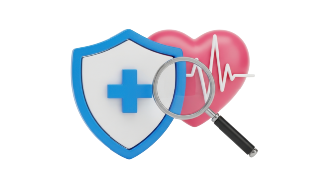 Isolated symbol for healthcare insurance analysis, magnifying glass, heart, blue shield - Powered by Adobe
