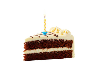 Chocolate Layer Cake Slice with Candle Birthday Dessert Photography isolated on transparent background