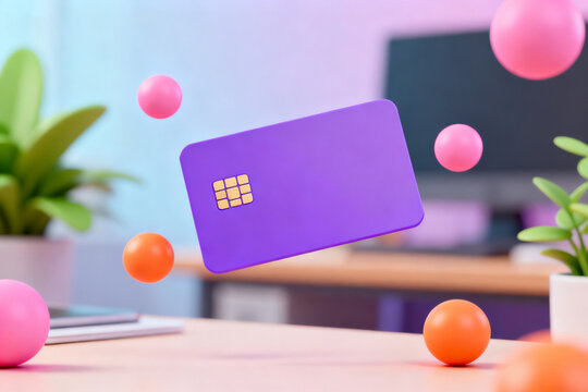 Purple credit card with floating spheres