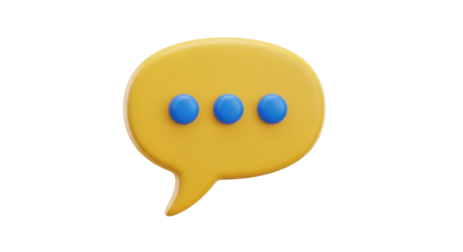 Isolated, cartoonish yellow speech bubble with three blue dots indicates thoughts or chat