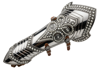 Ornate,  silver-plated arm guard embellished with intricate pearl accents, showcasing a beautiful design and craftsmanship.